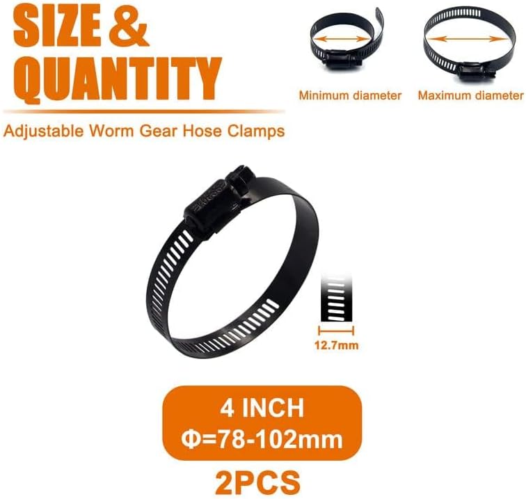 ISPINNER 2pcs 4 Inch Stainless Steel Adjustable 78-102mm Size Range Worm Gear Hose Clamp, Fuel Line Clamp for Plumbing, Automotive and Mechanical Application (Black) - Image 2